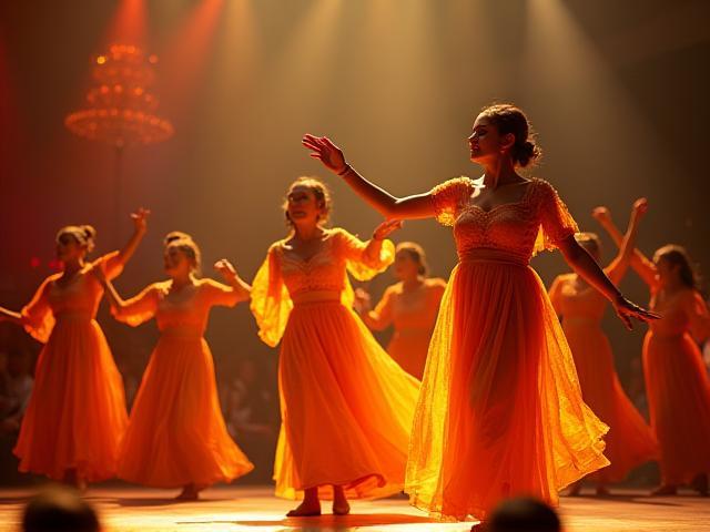 जश्न मनाते हुए डांसर्स रंग-बिरंगे कपड़ों में मंच पर प्रदर्शन करते हुए
